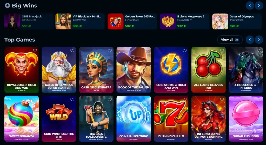 Piperspin Casino main page and game lobby